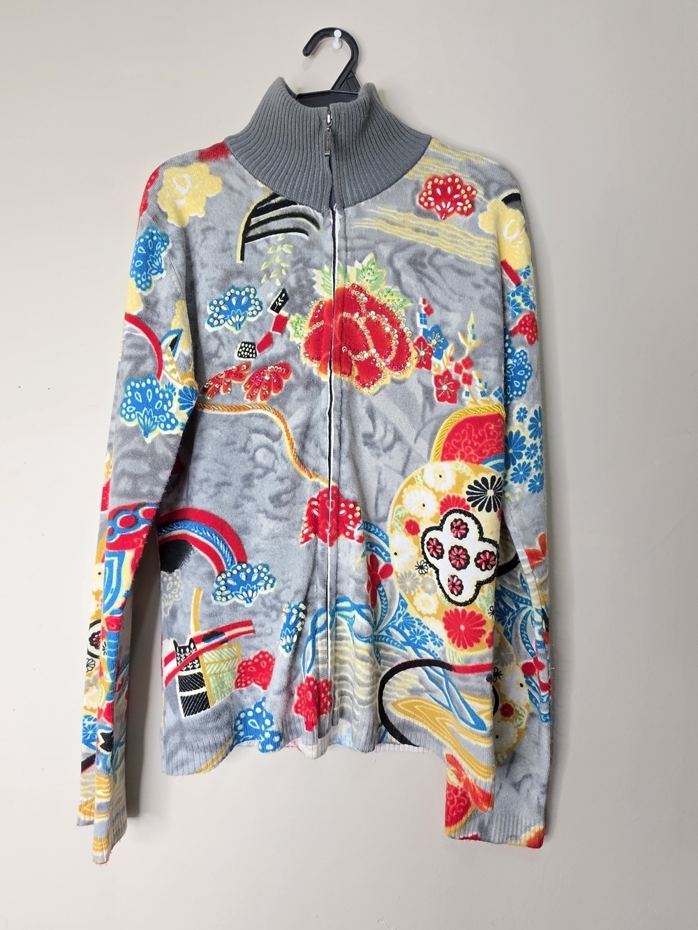 Custo Barcelona Vintage Zip Sweater Beaded Graphic Rare Wool Size M